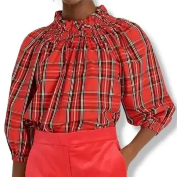 J. Crew Red Smocked Neck Top Good Tidings Plaid Ruffled Relaxed Womens Size M - Picture 1 of 9